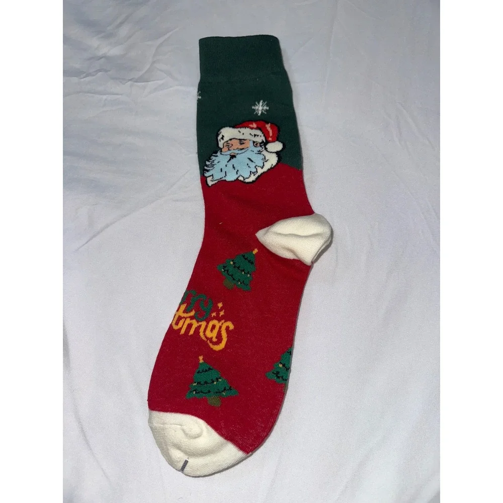 Merry Christmas Santa Claus Holiday Crew Socks Red Green Trees Festive Unisex